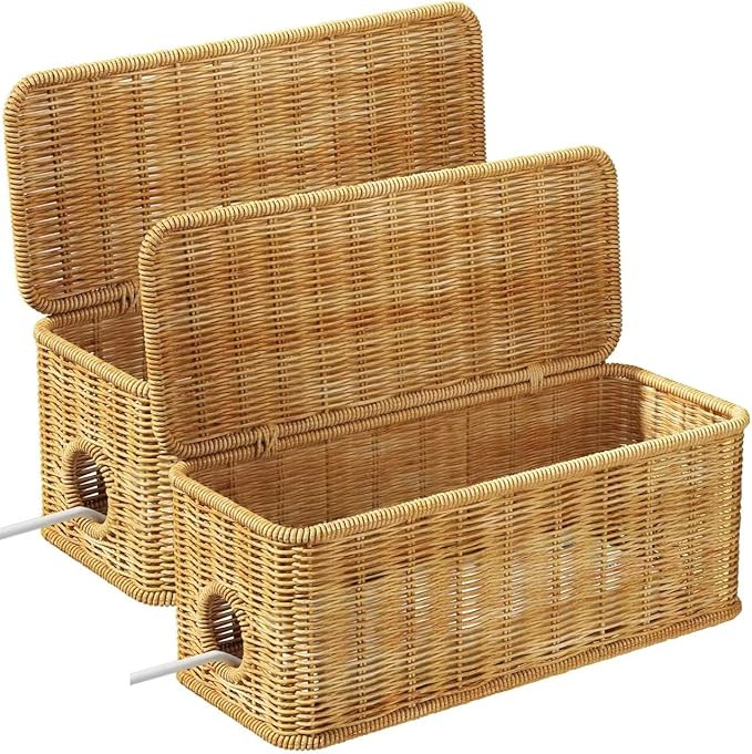Cable Management Box,2 Open Slots Cord Organizer Hider Box with Lid,2 Pack Handwoven Imitation Ra... | Amazon (US)