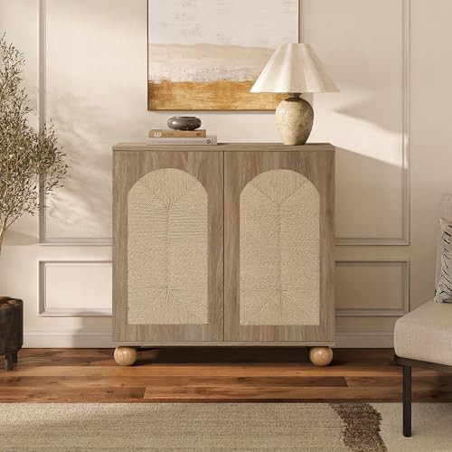 LuxenHome 31.5" Sideboard Buffet Cabinet with Storage, Seagrass Boho Accent Cabinets with Pine Ro... | Amazon (US)