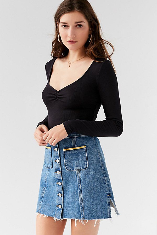 BDG Frayed-Hem Button-Down Skirt - Blue XS at Urban Outfitters | Urban Outfitters (US and RoW)