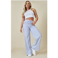 Pantalon droit en popeline de coton bleue à rayures, Bleu | PrettyLittleThing (FR)