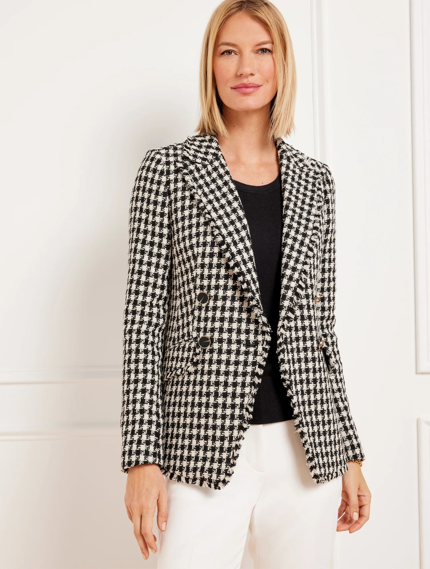 Tweed Double Breasted Blazer - Houndstooth - Black/Ivory - 2 Talbots | Talbots