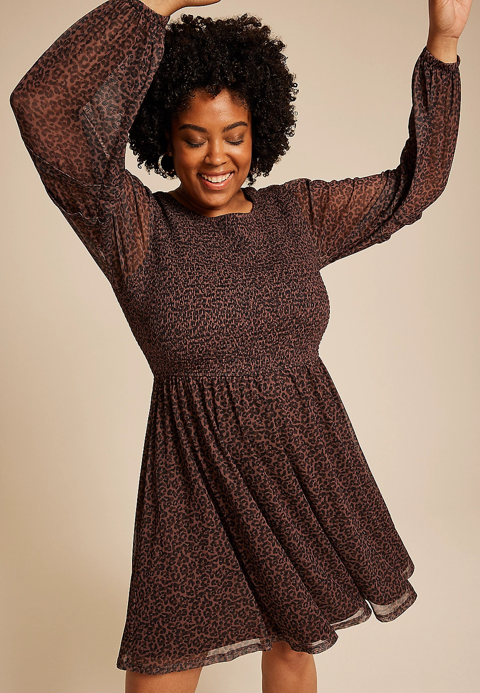 Plus Size Leopard Print Mesh Smocked Mini Dress | Maurices