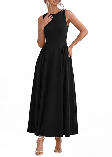KIRUNDO Wedding Guest Dresses for Women 2026 Summer Semi Formal Work Sleeveless Elegant Boat Neck Flowy A Line Maxi Dress(Black, Small) | Amazon (US)