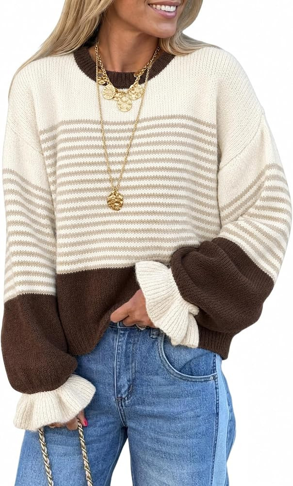 Saodimallsu Womens Striped Ruffle Sleeve Pullover Sweaters 2026 Fall Trendy Slouchy Color Block P... | Amazon (US)