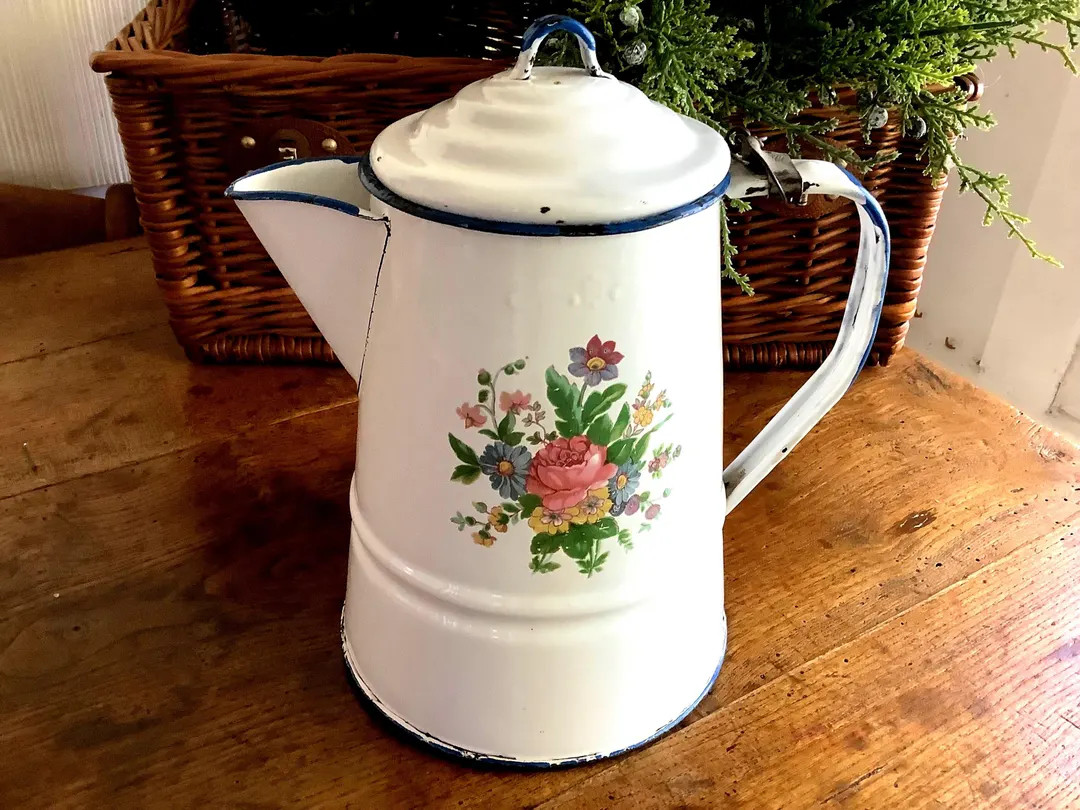 Vintage White Enamelware Coffee Pot Floral - Etsy | Etsy (US)