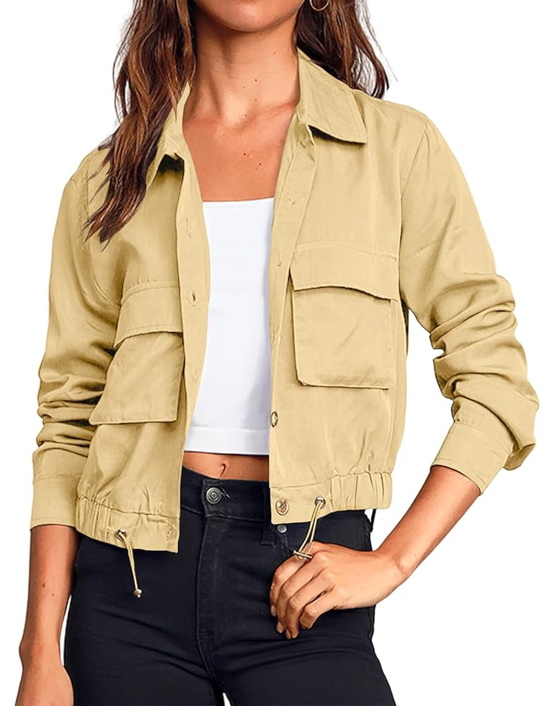 Women's Lightweight Black Cropped Utility Jacket Military Safari Button Down Anorak Coat with Poc... | Amazon (US)