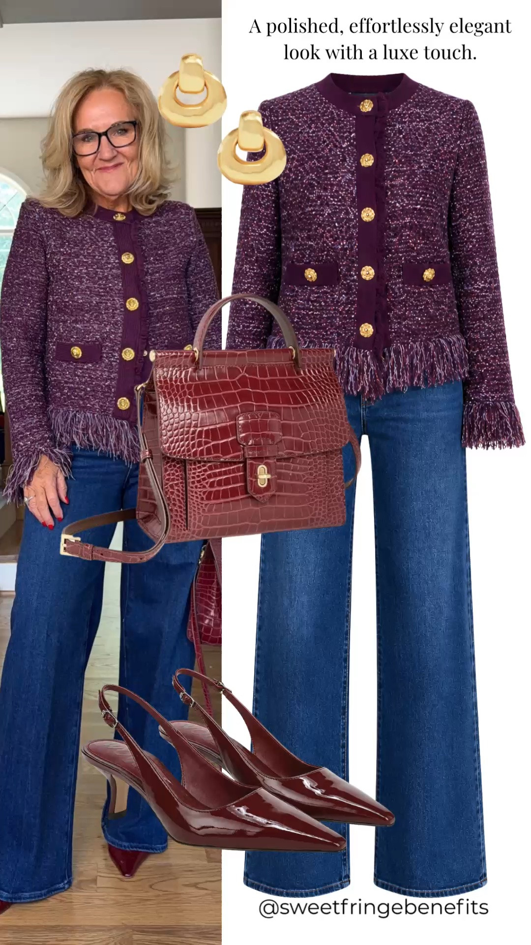 This rich plum tweed jacket adds a luxe touch to classic denim. The gold buttons and fringe detail make it feel special, while the jeans keep the look easy and wearable.

💡 LTK MADE EASY
❤️ Heart = Support my posts!
🔖 Save = Get sale & restock alerts
📋 Lists = Keep favorites organized
📲 Share = Send lists and products to a friend. Hello, Christmas List!
💬 Comment = Ask me anything about what I'm wearing.:-)

#LTKdayinmylife #LTKgrwm #LTKootd
