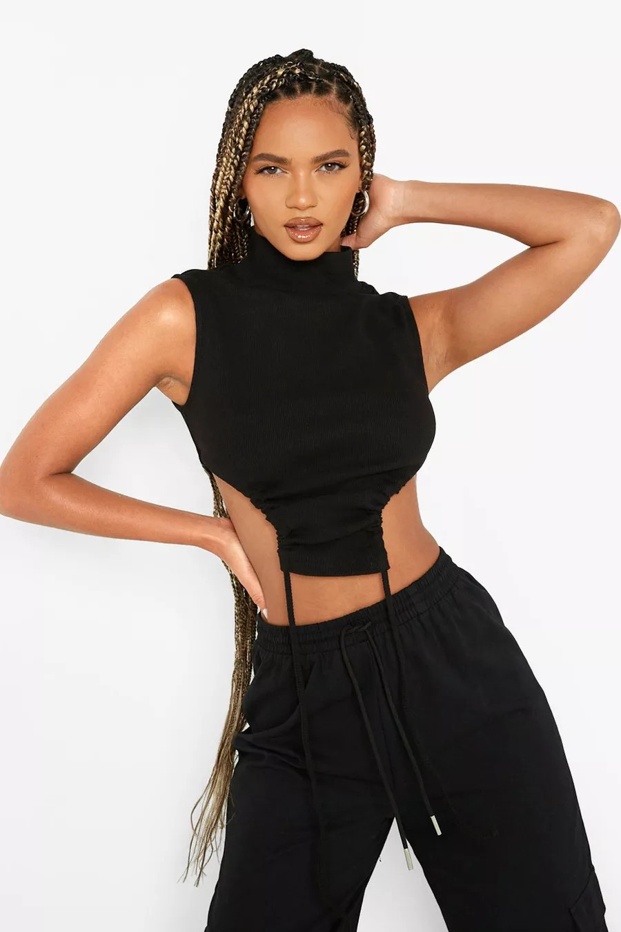 High Neck Rib Ruched Cut Out Top | Boohoo.com (US & CA)