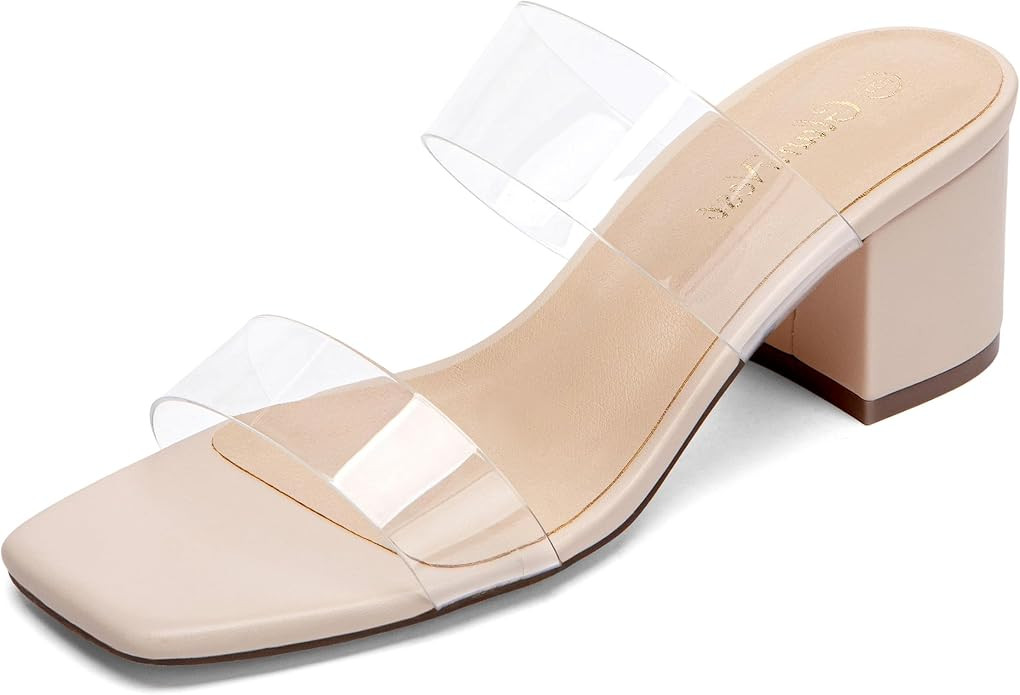 Women's Two Strap Heeled Sandals Square Open Toe 2 Inch Low Chunky Block Heels Slip On Dressy Sli... | Amazon (US)