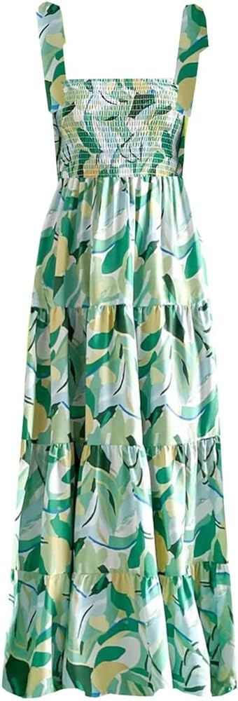 kinstell Women's Summer Boho Spaghetti Strap Square Neck Ruffle Casual Flowy Long Dress Beach Swi... | Amazon (US)