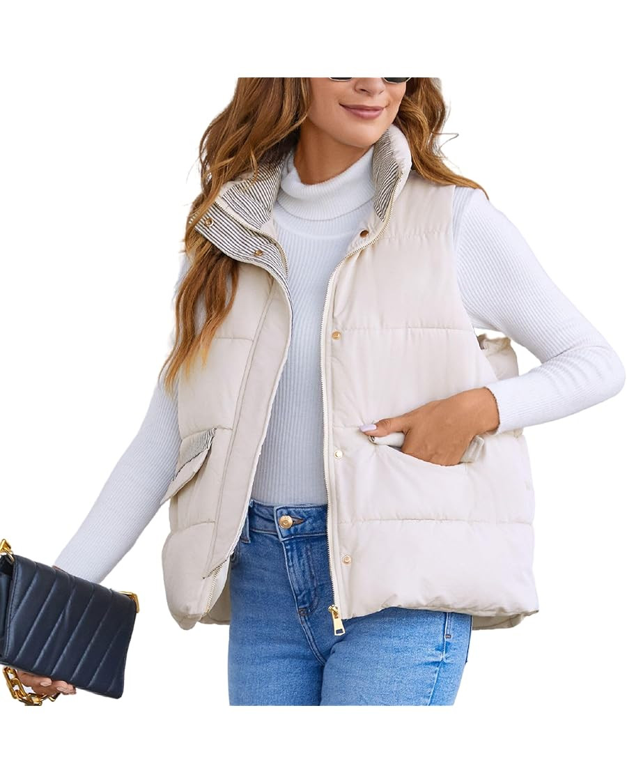 FindThy Women’s Quilted Sleeveless Puffy Vest Stand Collar Zippered Puffer Vest Waistcoat | Amazon (US)