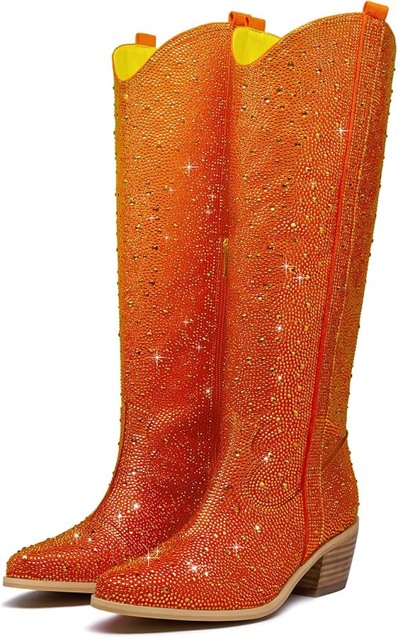 RKQ Women's Sparkly Rhinestone Western Glitter Pointed Toe Block mid Heel Knee High Cowboy Boots ... | Amazon (US)