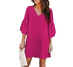 BELONGSCI Women's Dress Sweet & Cute V-Neck Bell Sleeve Shift Dress Mini Dress | Amazon (US)