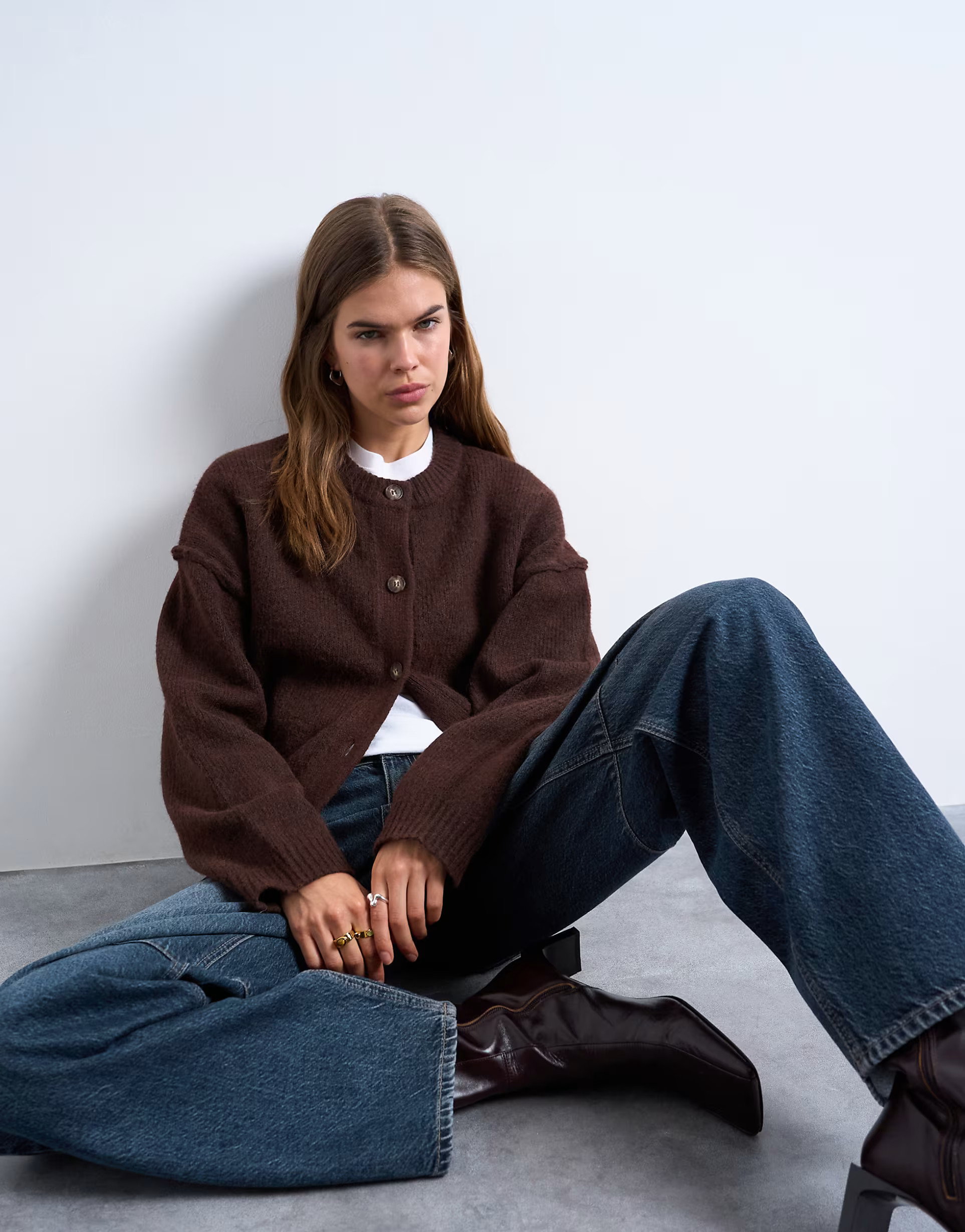 Topshop knitted exposed seam relaxed cardigan in brown | ASOS (Global)