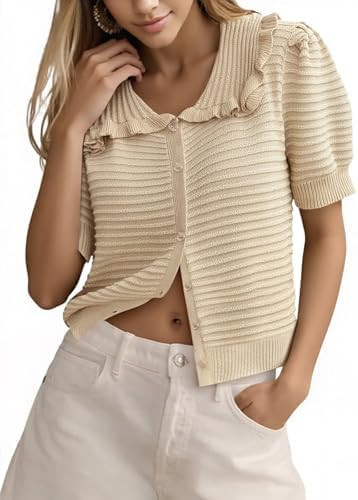 Cicy Bell Womens Ruffle Cardigan Sweater Puff Short Sleeve Button Up Eyelet Tops Ribbed Knit Pete... | Amazon (US)
