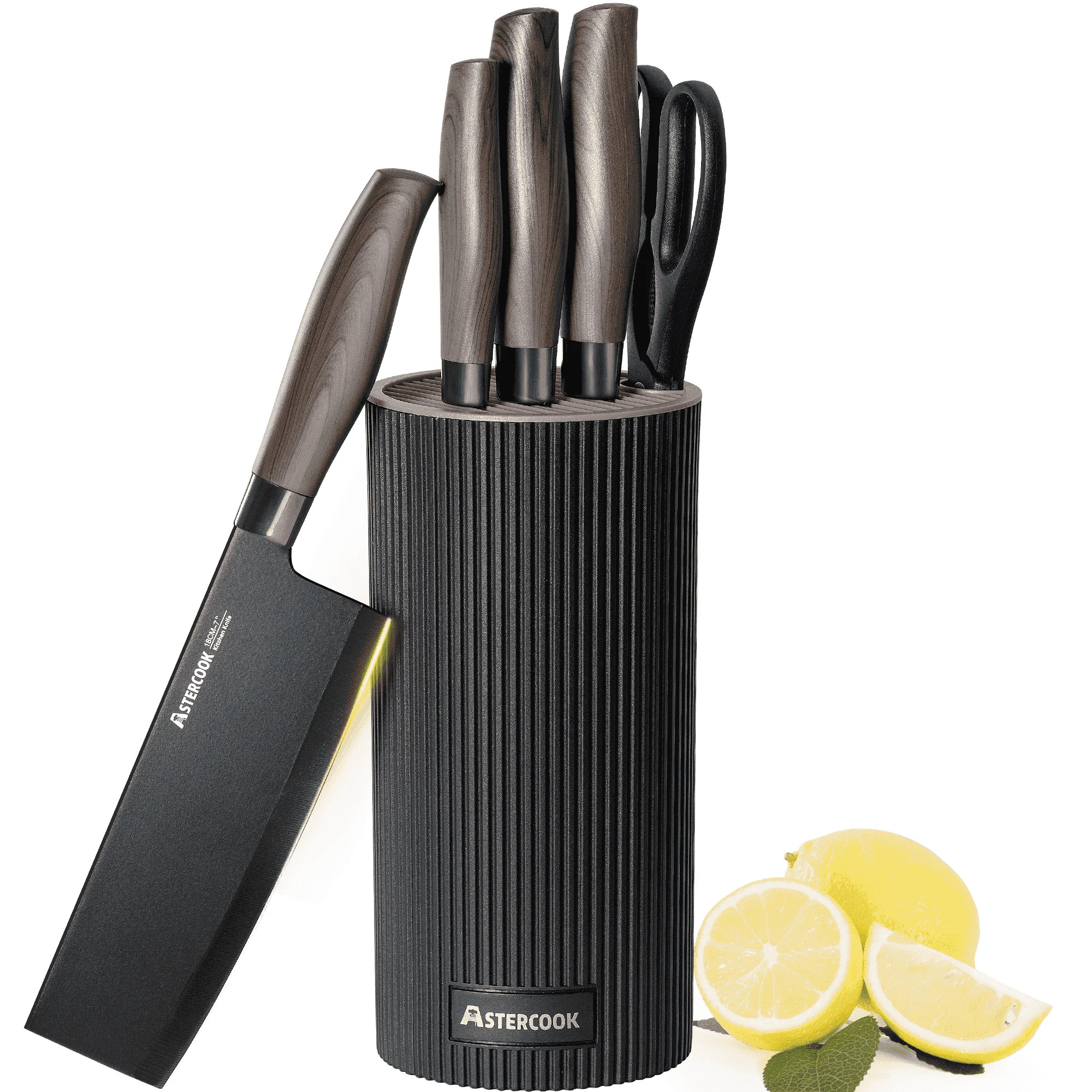 Astercook Knife Set, 6-Piece Kitchen Knives Set with Block & Non-Stick Healthy Coating, Stainless Steel Chef Knives with Anti-Slip Ergonomic Handle, Dishwasher Safe, Perfect Kitchen Home Gifts, Black | Walmart (US)