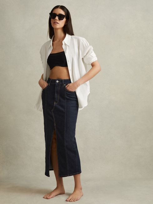 High Rise Denim Midi Skirt | Reiss UK