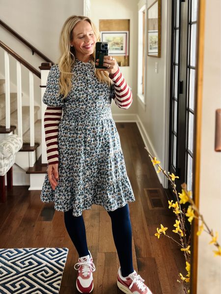 Spring dress when it’s still cold outside….stripe long sleeve layer, amazon tights, sneakers
❤️ Claire Lately 

#LTKstyletip #LTKworkwear #LTKSeasonal