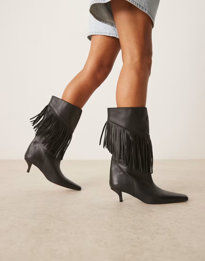 ASOS DESIGN Carmine leather fringe knee boots in black | ASOS (Global)