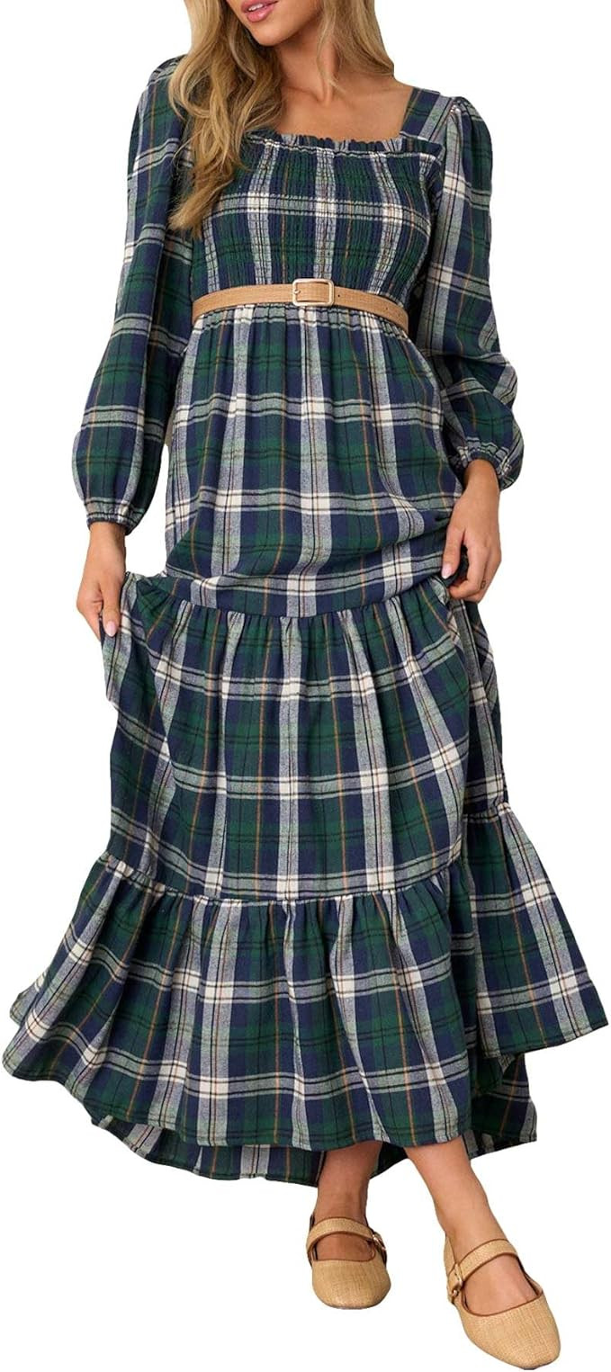 Women's Square Neck Plaid Maxi Dress Vintage Long Sleeve Empire Waist Flowy Dress Smocked Tiered ... | Amazon (US)