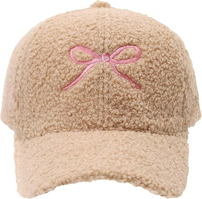 Women's Winter Wool Baseball Cap Adjustable Solid Color Warm Teddy-Fleece Furry Cute Bow Lamb Hat | Amazon (US)