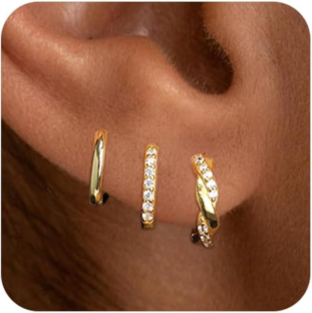 Small Hoop Earrings Set for Women, 14K Gold/Silver Plated Hypoallergenic Huggie Hoop Earrings for... | Amazon (US)