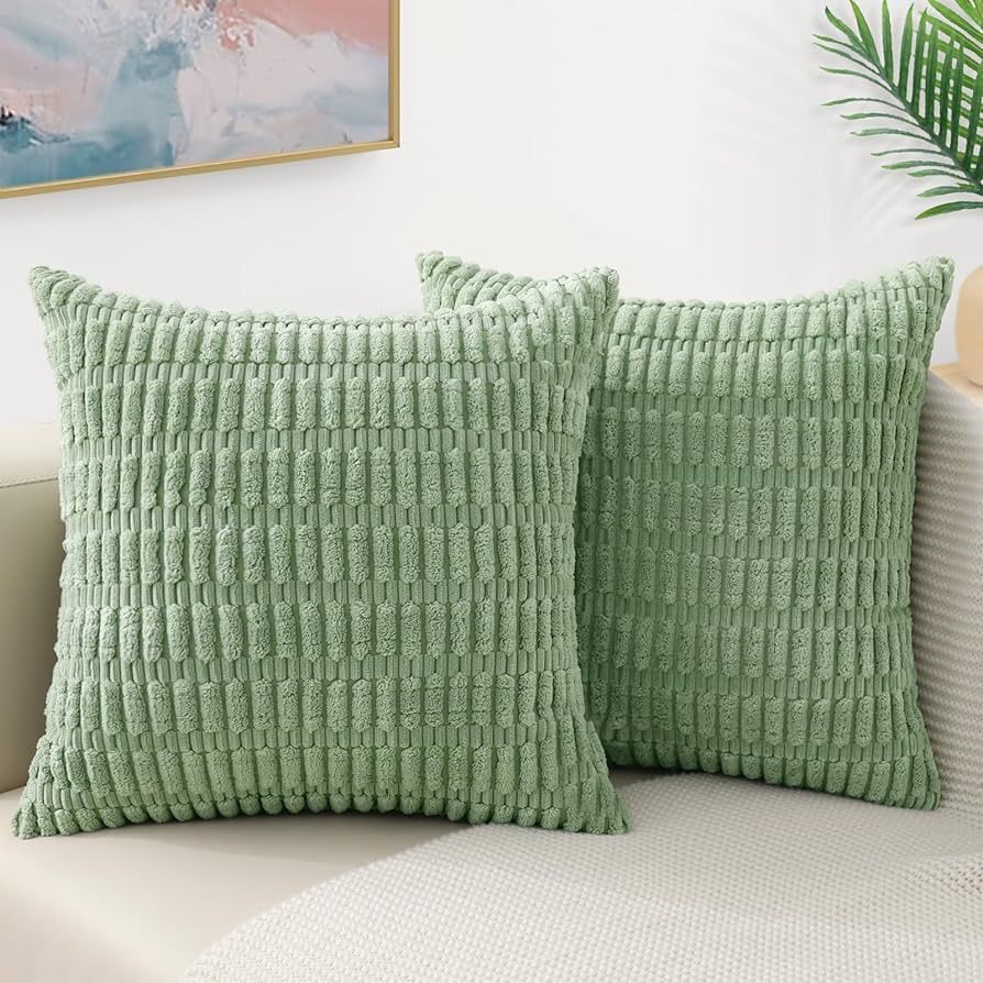 decorUhome Spring Sage Green Decorative Throw Pillow Covers 18x18 Set of 2, Soft Corduroy Striped... | Amazon (US)