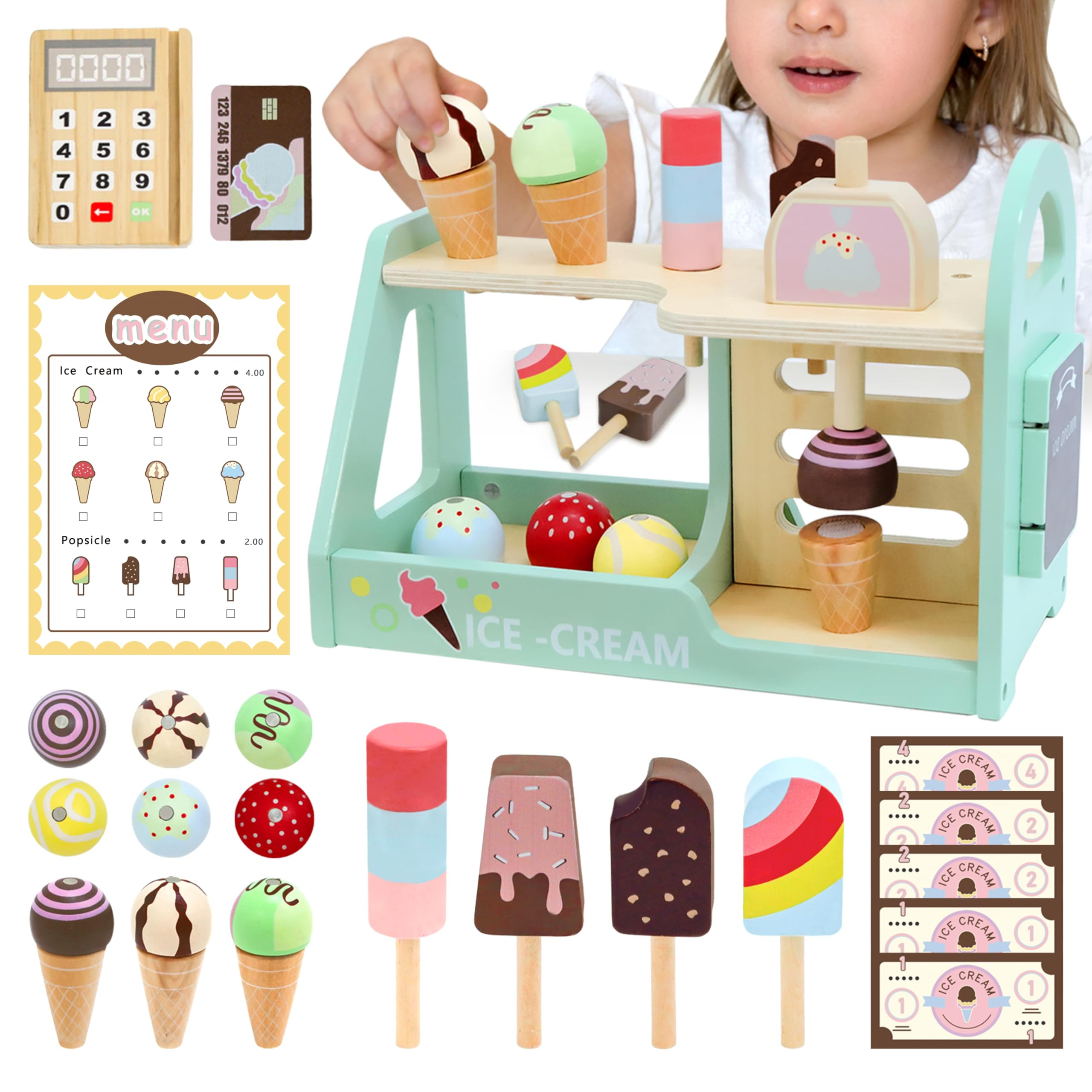 Ice Cream Playset Pretend Play Store Toys for Toddlers,Wooden Play Food Set for Kids with Menu,Ch... | Amazon (US)