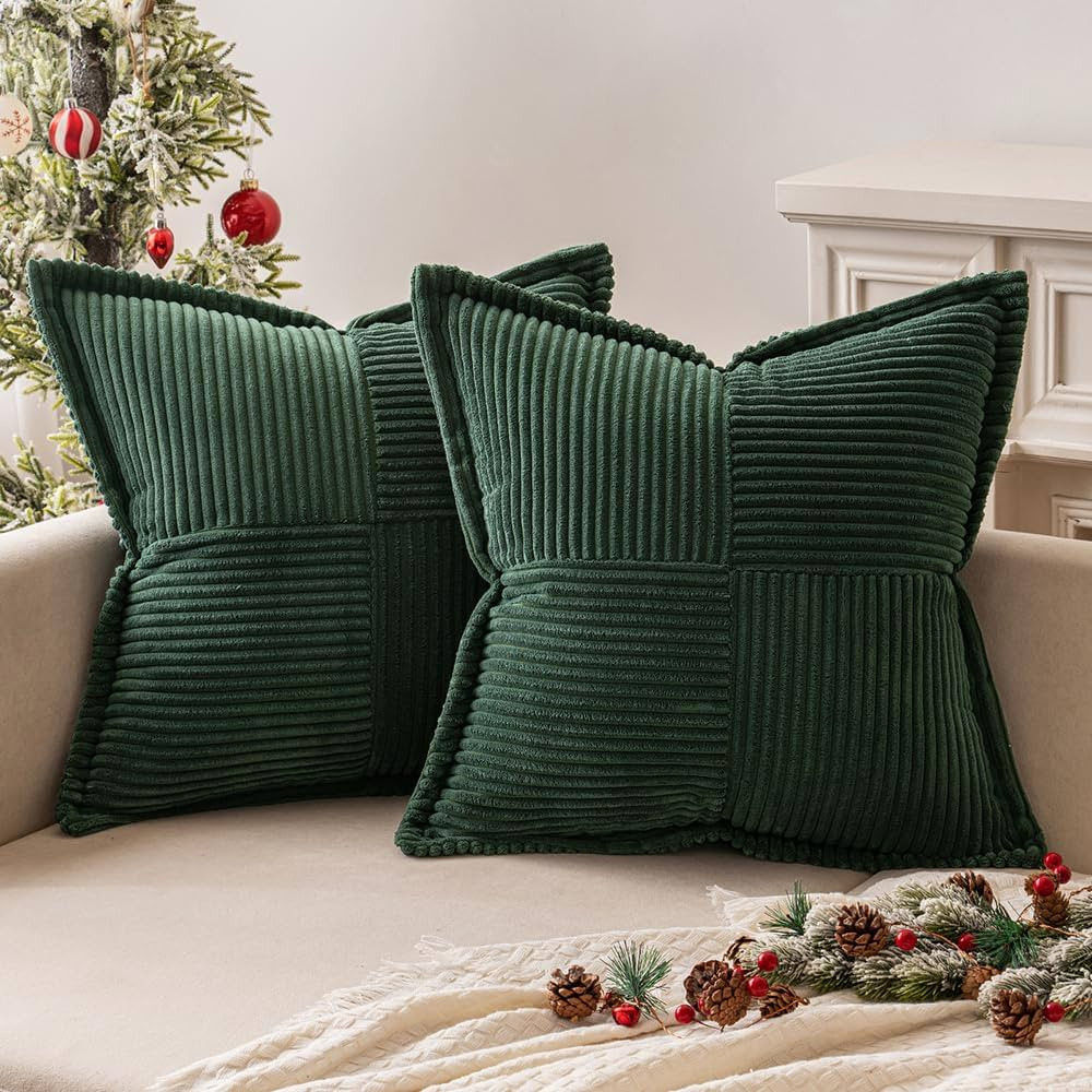 MIULEE Dark Green Corduroy Pillow Covers 24x24 inch with Splicing Set of 2 Super Soft Boho Stripe... | Amazon (US)