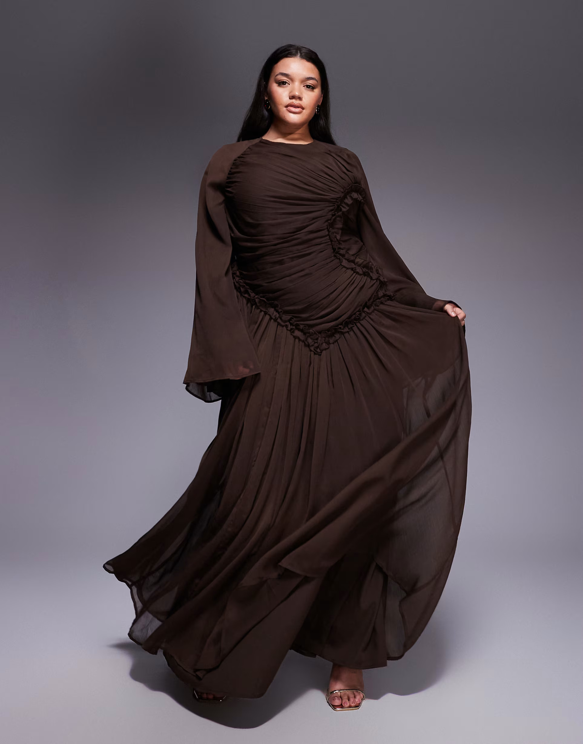 ASOS DESIGN Curve crinkle chiffon gathered maxi dress with micro ruffles in chocolate | ASOS (Global)