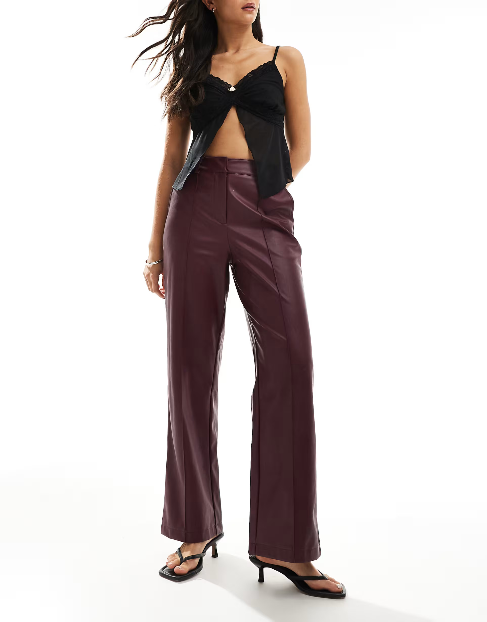 New Look wide leg PU trouser in dark burgundy | ASOS (Global)