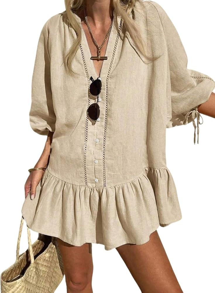 CHARTOU Women Summer Lace Ruffle Mini Dress 3/4 Bow Sleeve Beach Loose Peplum Babydoll Dress | Amazon (US)