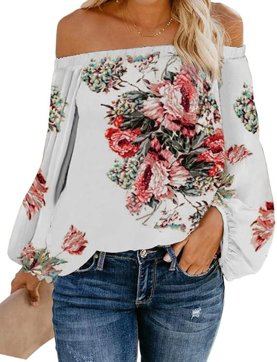 Womens Off The Shoulder Long Bell Sleeve Tops Flared Casual Loose Blouse | Amazon (US)