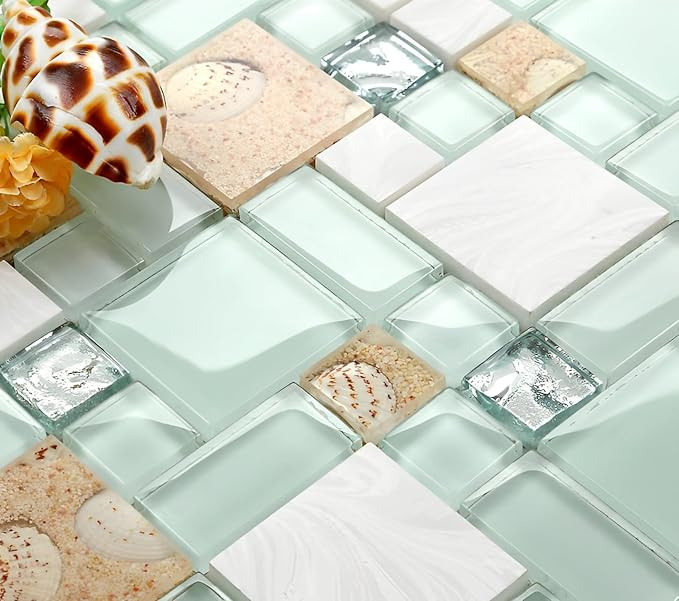 Hominter Coastal Beach Glass Stone Mosaic Tile – Lake Green, White & Sandstone Shell Design for... | Amazon (US)