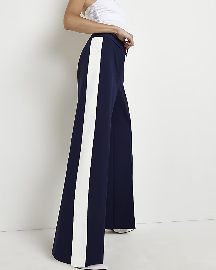 Navy side stripe wide leg trousers | River Island (UK & IE)