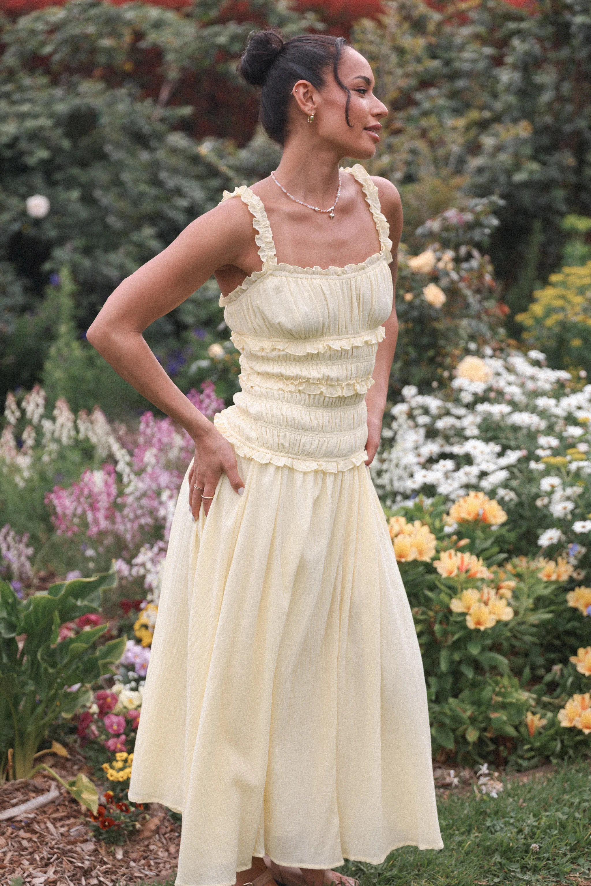 Enola Gather Midi Dress - Yellow | Petal & Pup (US)