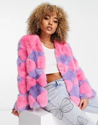 Jayley faux fur statement diamond plaid coat in pink and lilac | ASOS (Global)