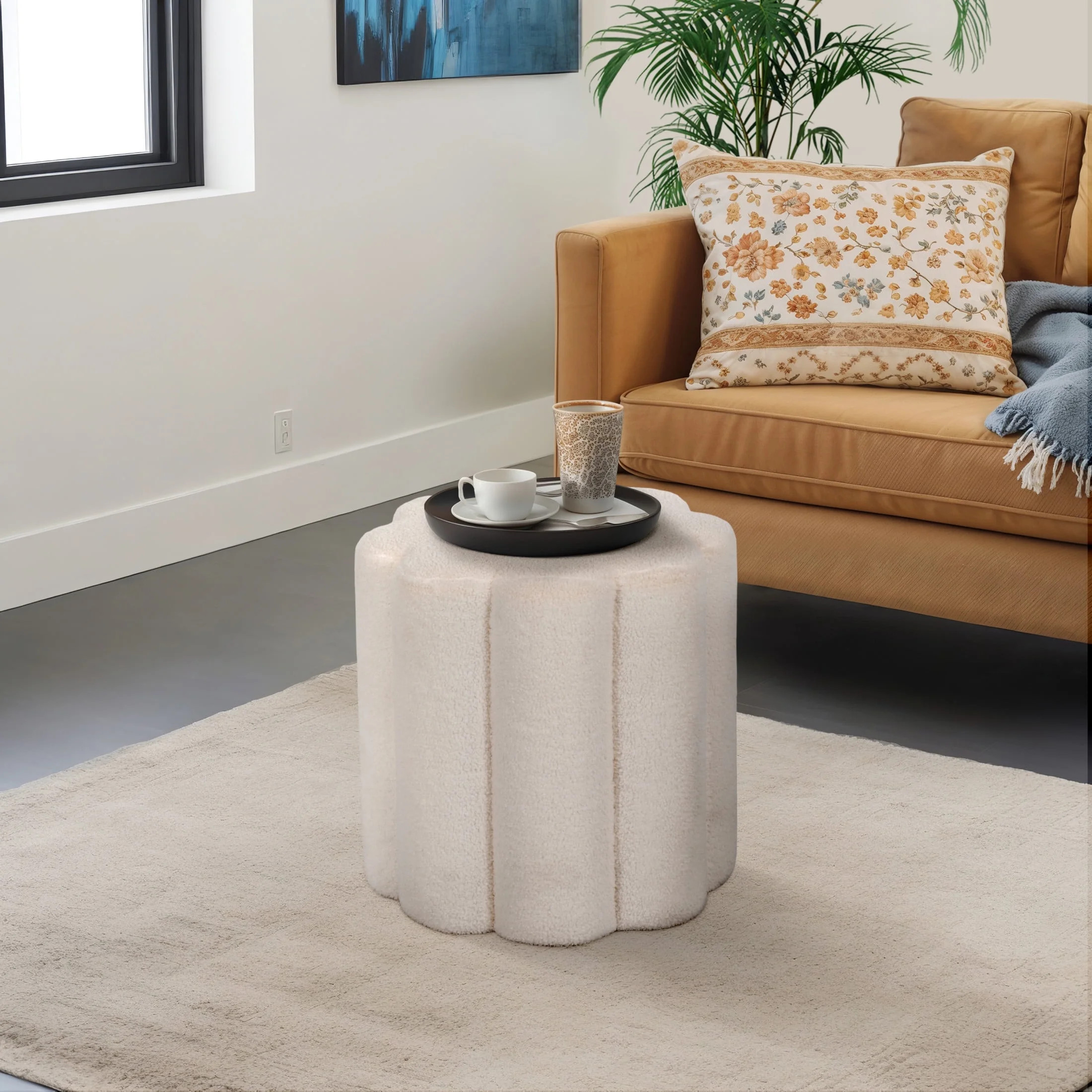 Boho Velvet Upholstered Ottoman - 18" White Round Footstool, Modern Accent Stool for Living Room,... | Walmart (US)