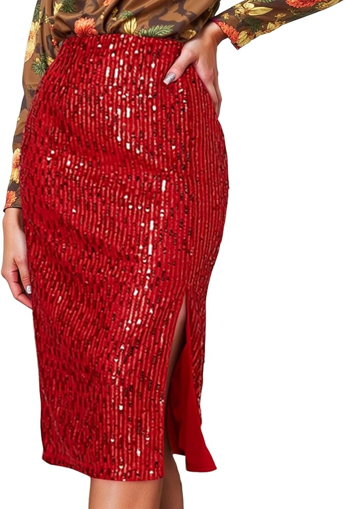 Mardi Gras Skirts for Women High Waist Side Slit Bodycon Sparkly Sequin Fit Stretch Knee Length S... | Amazon (US)