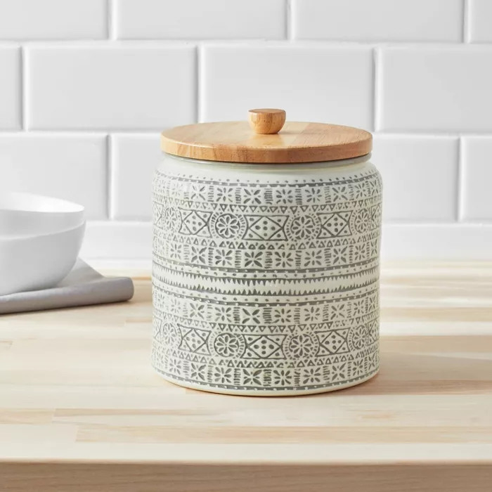 Medium Stoneware Genesis Stripe Food Storage Canister with Wood Lid White/Gray - Threshold™ | Target