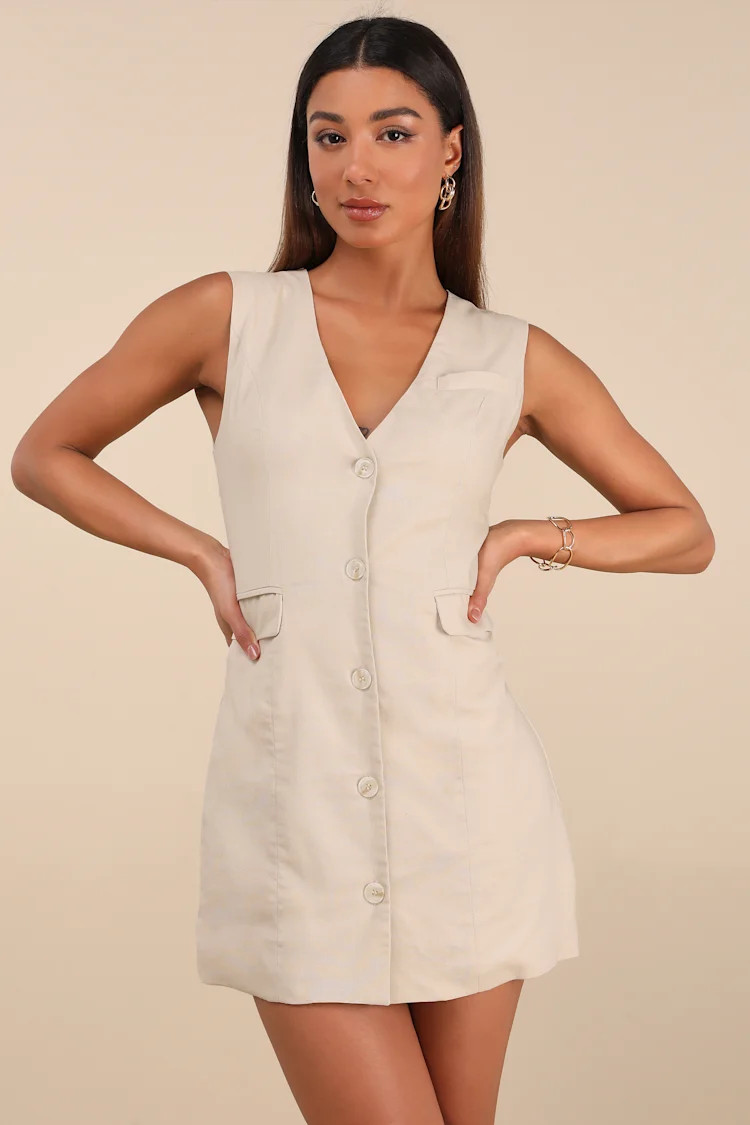 Mairi Beige Linen Button-Front Sleeveless Mini Dress | Lulus