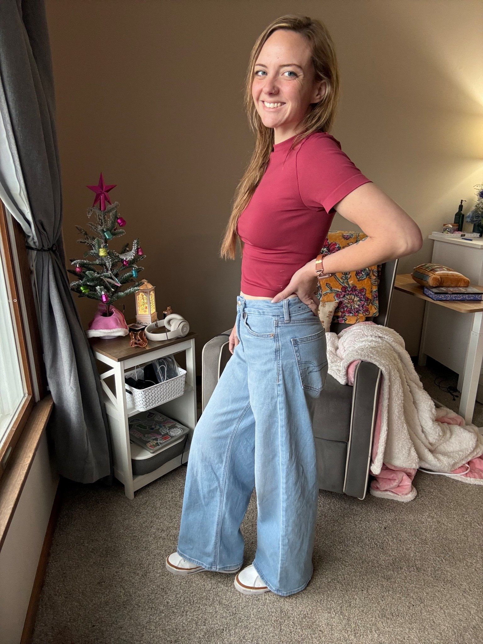 Target top in a size small paired with my American Eagle Dreamy Drapey jeans in a size 2. They fit a little big but still totally wearable and honestly my favorite wide leg jeans right now. Light wash, relaxed fit, super comfy, perfect everyday outfit. Styled with my Nike Court Legacy sneakers for that casual clean girl look. 

#LTKdayinmylife #LTKootd #LTKmomlife