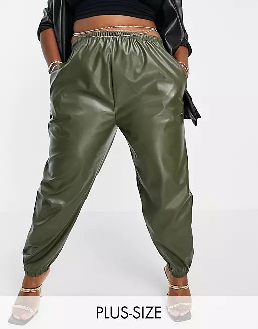 I Saw It First Plus faux leather trousers in khaki | ASOS (Global)