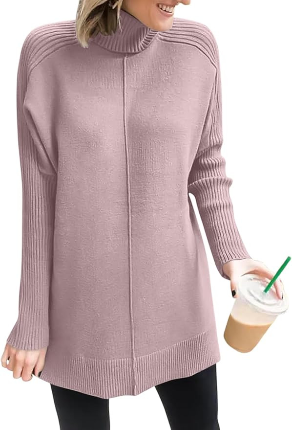 ANRABESS Women Turtleneck Oversized Sweaters 2024 Trendy Outfits Cozy Long Sleeve Knit Split Tuni... | Amazon (US)