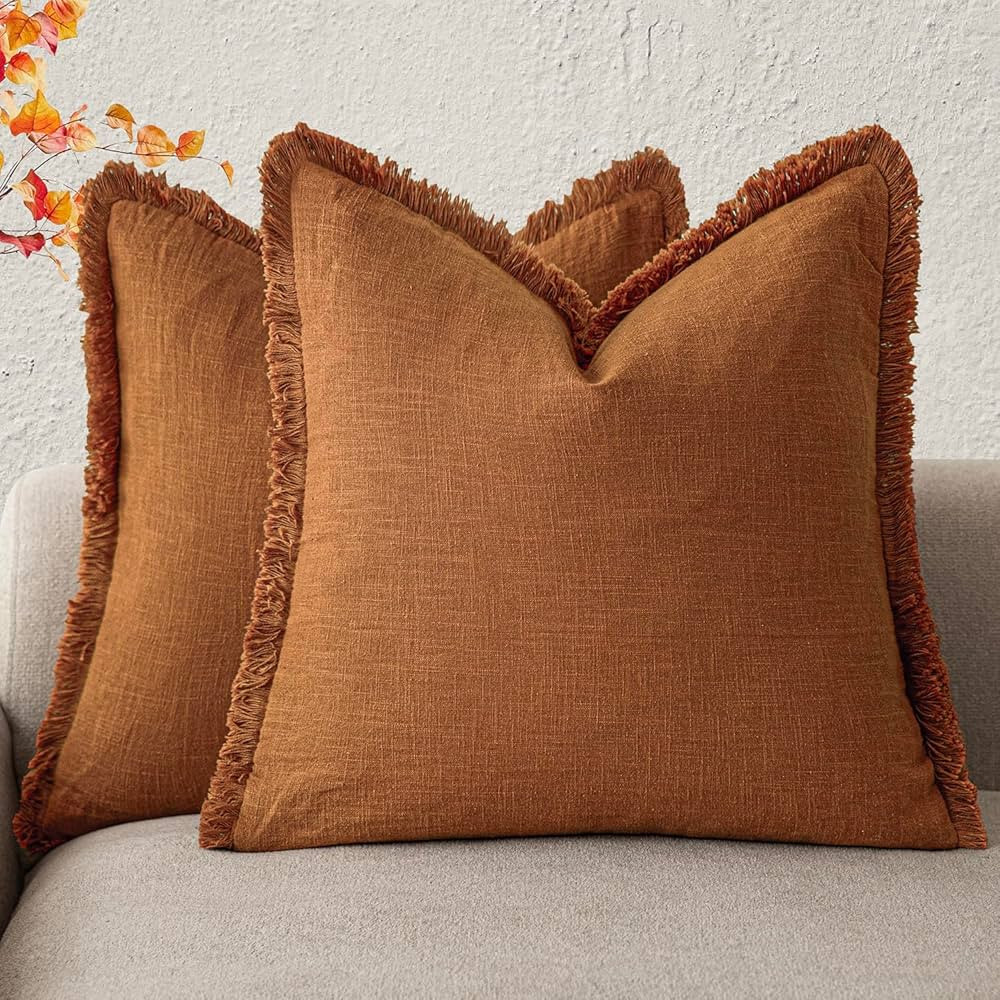 Foindtower Set of 2 Decorative Linen Fringe Throw Pillow Covers Cozy Boho Farmhouse Cushion Cover... | Amazon (US)