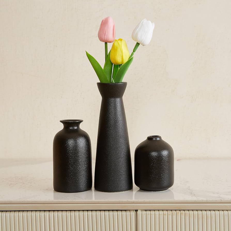 Black Ceramic Vase Set of 3,Small Boho Vase for for Decor,Matte Frosted Texture Finish,Modern Rus... | Amazon (US)
