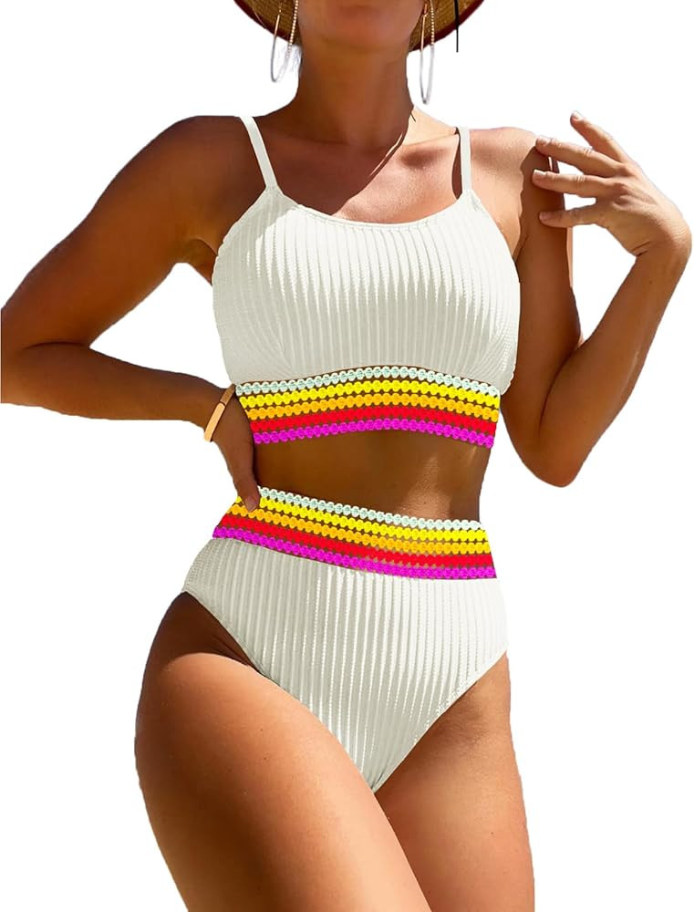 Women's High Waisted Swimsuit Two Piece Ribbed Bikini Sets Crop Top High Cut Cheeky Bathing Suits | Amazon (US)