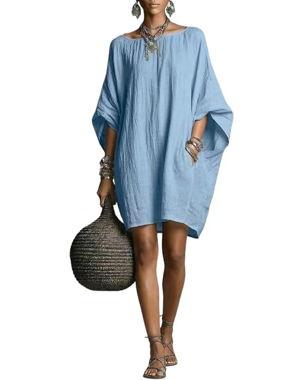 Womens Cotton Linen Oversized Shift Dress Batwing Sleeve Casual Loose Fit Beach Vacation Dresses ... | Amazon (US)