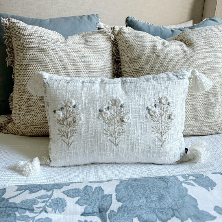 My Texas House Hailey 14" x 20" Oblong Floral Embroidered Cotton Decorative Pillow, Ivory/Blue | Walmart (US)