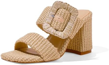 Ancomafio Womens Heeled Sandals Raffia Sandals Square Open Toe Chunky Block Heels Double Strap Su... | Amazon (US)